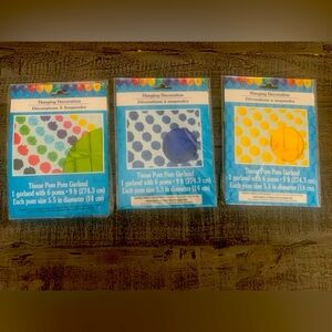 Pom Pom Garlands, Yellow, Green, Blue, 9ft long each, NWT, 6 Poms on each strand